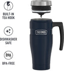 Midnight blue THERMOS Stainless King 16-ounce travel mug with handle and leak-proof lid, displayed with the lid detached, on a white background.