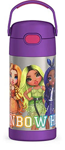 THERMOS FUNTAINER 12oz stainless steel water bottle in Rainbow High design with covered straw and carry handle on white background.