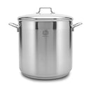 A large, cylindrical stainless steel stock pot with a matching lid is centered against a white background. The pot features a polished, reflective finish and has two sturdy loop handles on opposite sides. The lid is also stainless steel with a rectangular handle on top. A small, subtle logo or text is visible on the side of the pot.