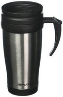 Uniware insulated stainless steel travel mug with a secure black lid and comfortable handle.