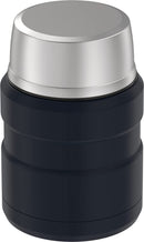 Midnight blue THERMOS 16-ounce insulated food jar with folding spoon and lid that doubles as a serving bowl, shown on a white background.