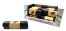 Box of black garbage bags with rolls neatly stacked inside. Each roll is wrapped in a yellow and orange label that reads 'Tall Kitchen Drawstring – 10 Gallon Bags.' A single roll is displayed in front of the box, highlighting its compact design. The packaging features the word 'GARBAGE BAGS' in bold letters, emphasizing its purpose.