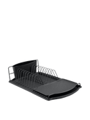 Angled view of a compact black steel wire dish rack with slots for plates and a separate utensil caddy.