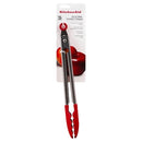 KitchenAid 12-inch stainless steel tongs with red silicone tips and handle, shown in retail packaging, on a white background.