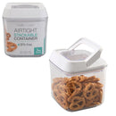 Clear Kitchen Details airtight stackable container with a white lid and handle. BPA-free food storage container with a .7-liter capacity.